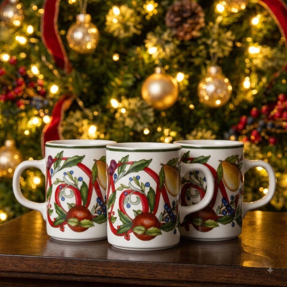 3 Dansk Holiday Harvest Coffee Tea Mug Cup Fruit Red Ribbon Christmas Portugal
